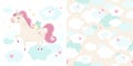 Set of cute magical unicorn and seamless pattern. Little princess theme. Royalty Free Stock Photo